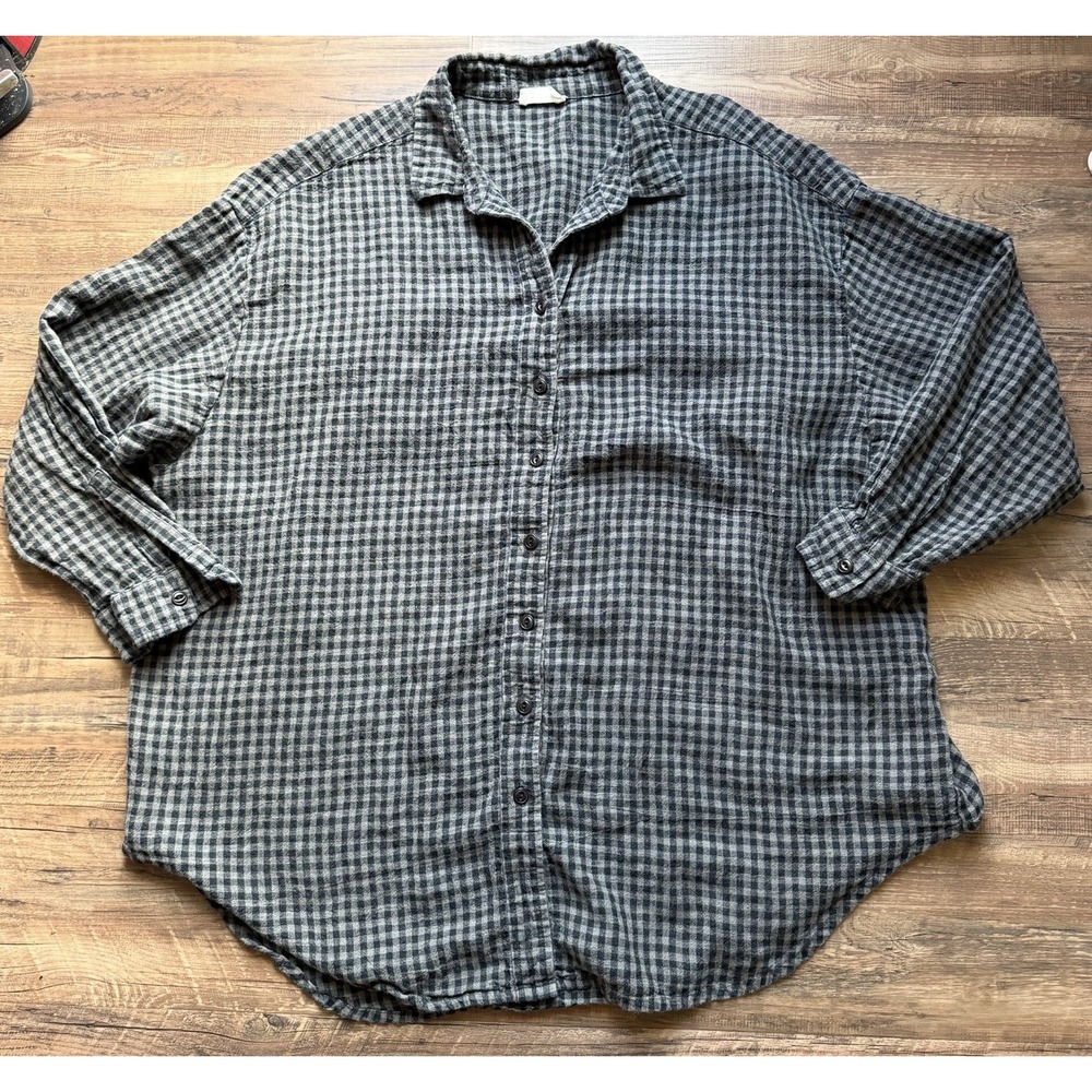 Poetry Gingham Tunic Blouse Grey SZ 16 US / 20 UK Lagenlook Coastal 100% Linen